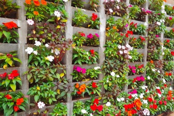parede de jardineira vertical com flores
